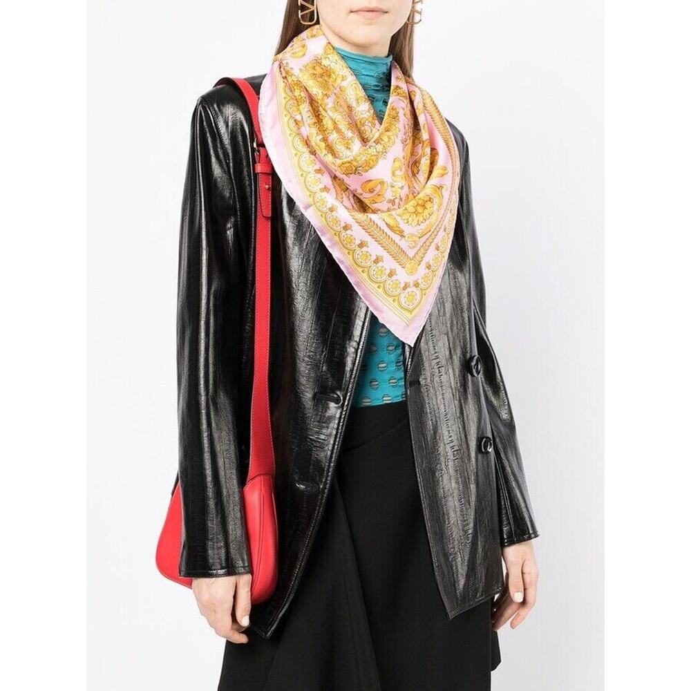 NWT Versace Barocco Print Pink Gold Silk Satin Large Foulard Scarf 35" 90cm $575